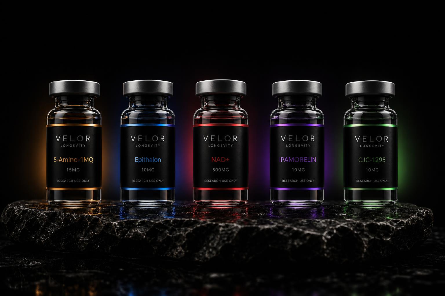 Three VELOR research vials arranged in a luxury studio composition on a black background